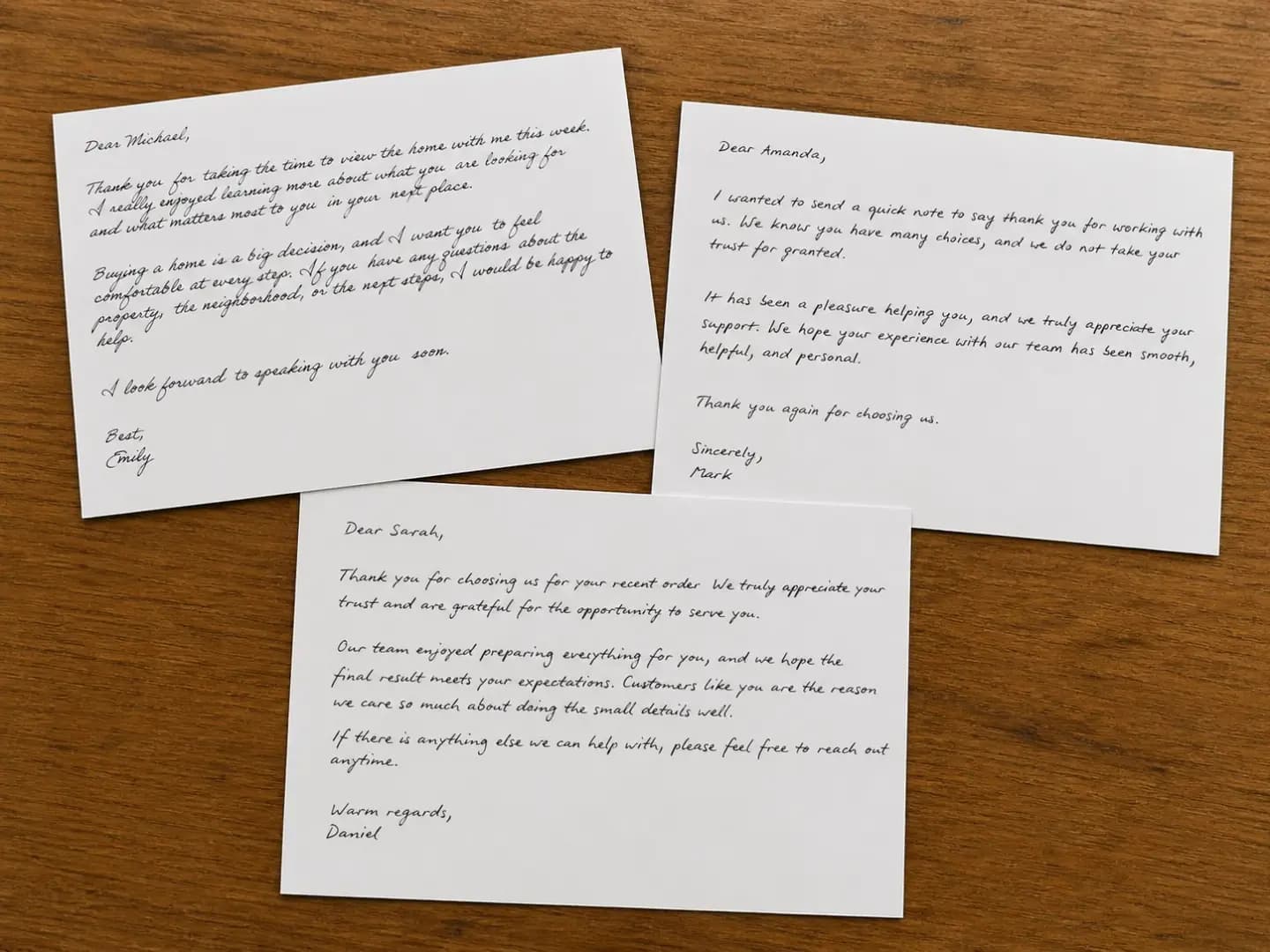Handwritten business note example printed on real paper